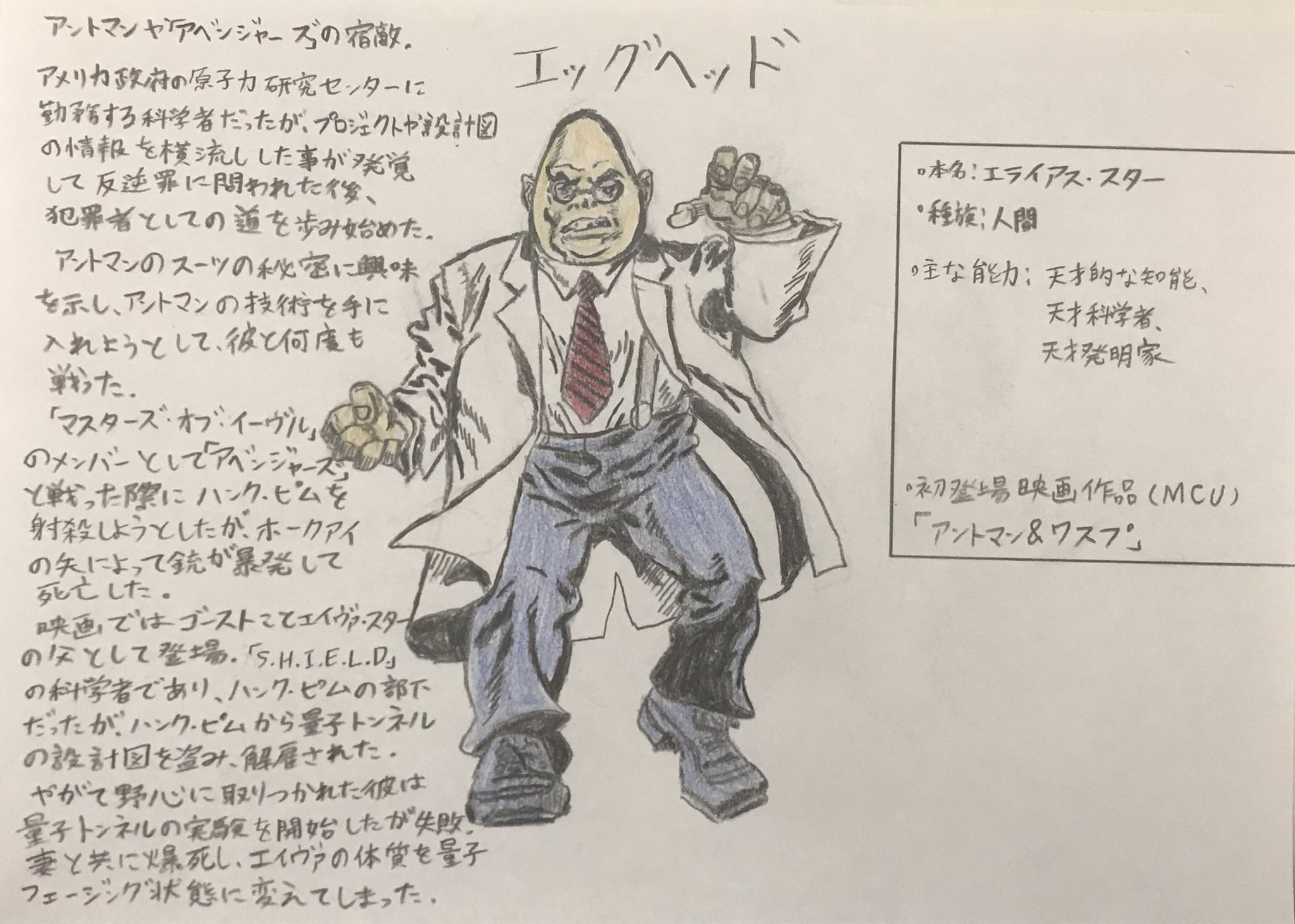 Heroiczero 手描きmcuヒーロー列伝 エッグヘッド 本名 エライアス スター 種族 人間 能力 天才的な知能 天才科学者 天才発明家 初登場映画作品 Mcu アントマン Amp ワスプ Marvel Mcu Illust Fanart Antman 芸術同盟 絵師達 絵描き