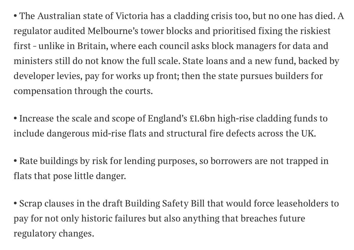 that the market in modern leasehold flats remains paralysed for years. What does need to be done? The suggestions in  @Lees_Martina article  https://www.thetimes.co.uk/article/thousands-of-families-trapped-as-unsafe-flats-paralyse-property-market-k6nwlhdrp look sensible to me.