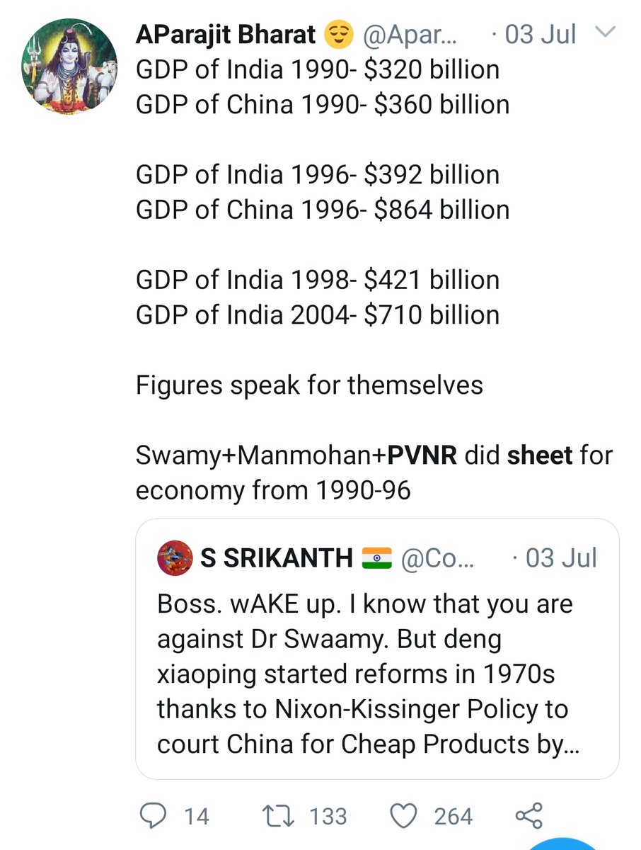 From one of my old tweet, I had mentioned that India's GDP in 1990 was $320 billion which grew to $384 billion by 1996. Where as in the same period China grew from $360 billion to $864 billion.This was the first biggest battle lost to China and we never recovered thereafter.