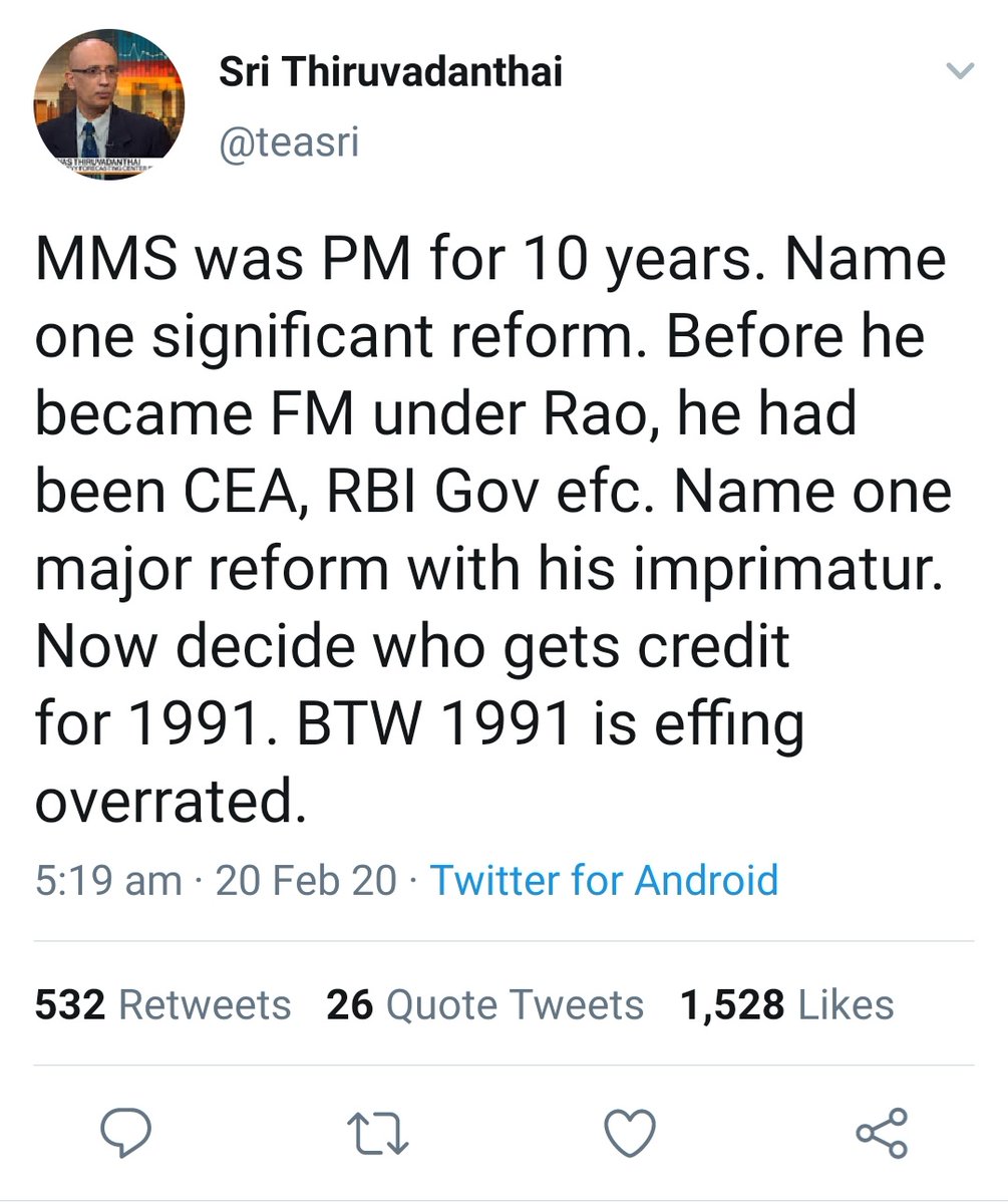 Finally I will conclude my thread by echoing the same words, name one significant financial reform which was undertaken in Manmohan's era as PM or FM of IndiaManmohan Singh as an economist is highly overrated by the Left ecosystem & the pliable media.See for urself & decide.