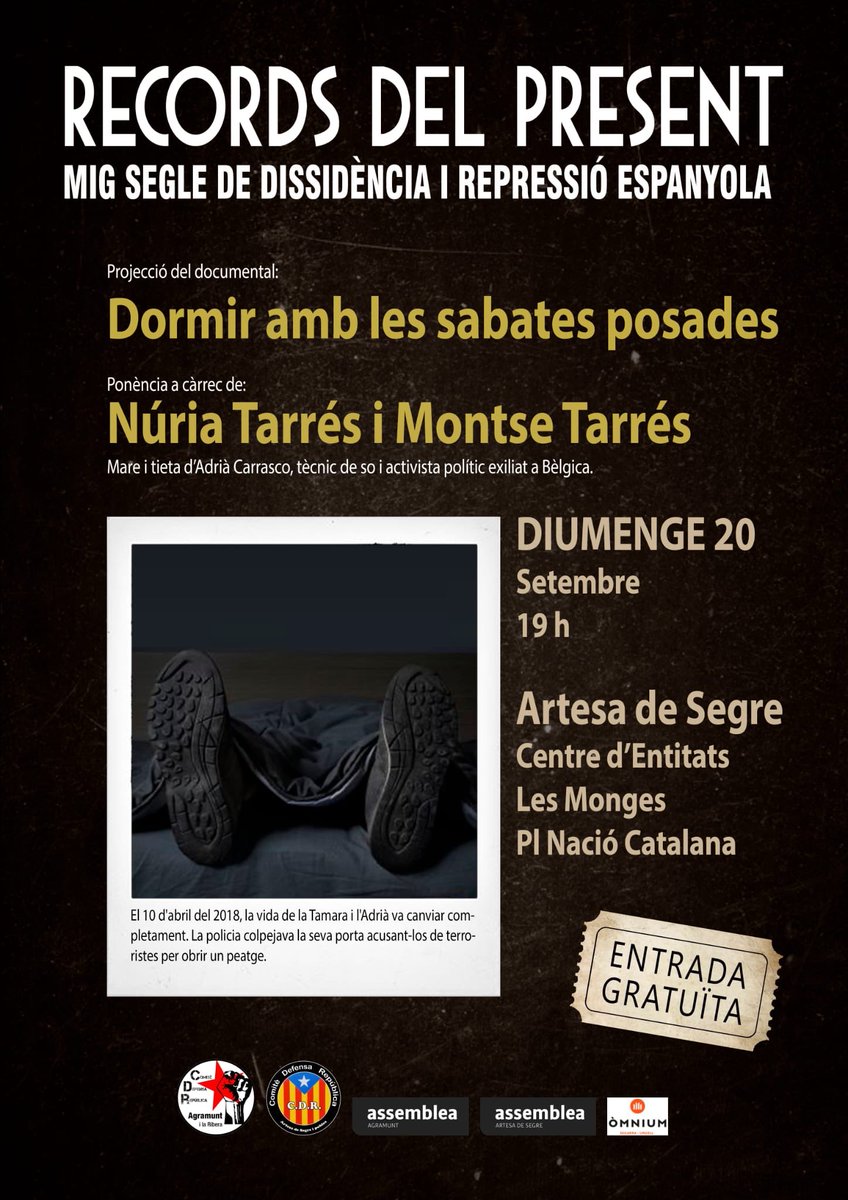CDRAgramunt's tweet photo. Imperdible cita #avui 19 h a #ArtesaDeSegre dins del cicle #RecordsDelPresent on tornarem a recordar la realitat, encara present, de la repressió patida per l’Adri @EtVolemACasa i la Tamara @TamaraVila83 ens acompanyen al debat posterior la mare i la tieta de l’Adri https://t.co/OfkckblQCb