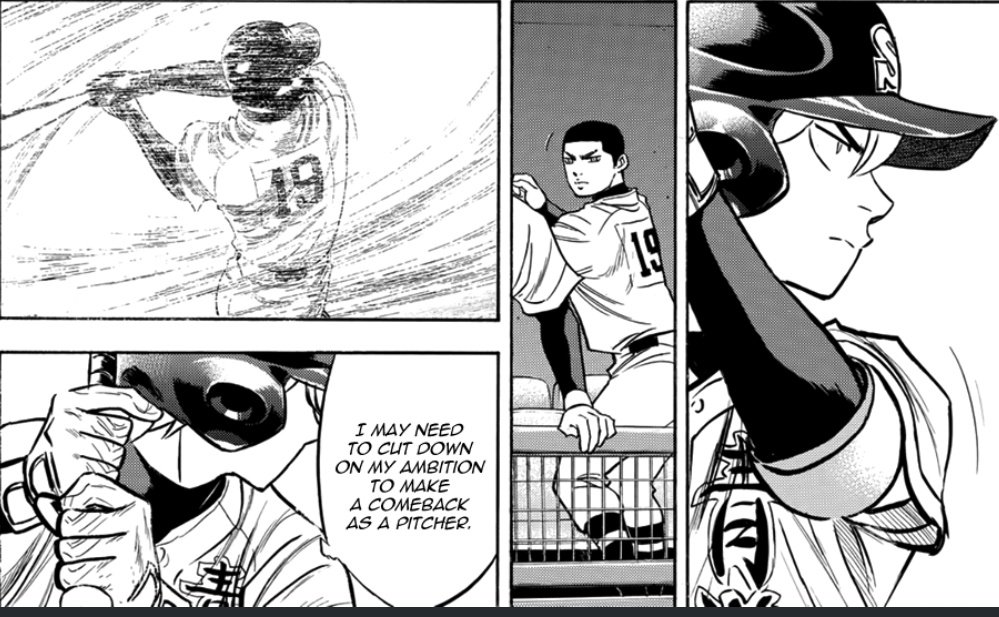 thinking if masashi here is trying to observe tojo as a kouhai would look up to a senpai or is he trying to show he can do it better ajdjskd but anyway they seem like they'd have an interesting dynamic w tojo seeing him as a rival batter