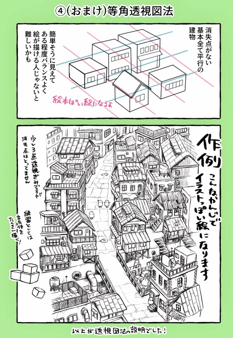 今日は透視図法編ラストです。最後は等角透視図法。消失点(奥行き)がない分リアリティよりも絵本ぽさが出るので絵柄に合わせて使ってみてください?  #背景描き方漫画 