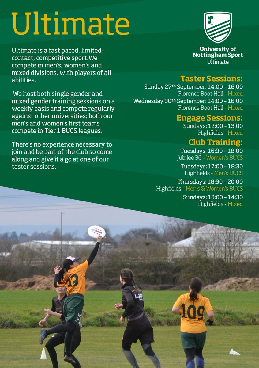 UltimateUoN's tweet photo. Looks like we had a bit of a mix up with dates in our previous tweet! 
We have taster sessions running Sunday 27th and Wednesday 30th September 2-4pm behind Florence Boot Hall. Keep an eye on our social media channels for more details in the coming days!
#FindYourActive https://t.co/6pJNTi2xB9