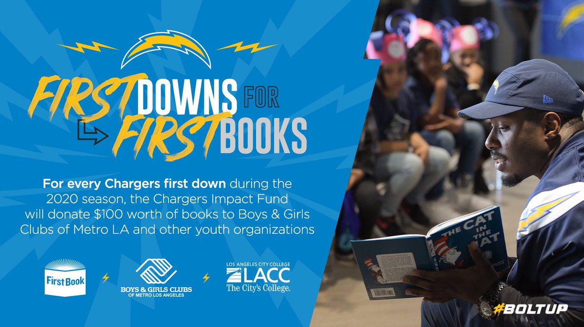 ChargersCR's tweet image. Don’t forget -  every Bolts first down during #KCvsLAC means $100 worth of books donated! ⚡️📚

Powered by @LACityCollege