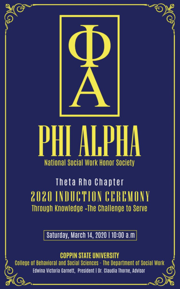 CoppinStateSOWK's tweet photo. Coppin State University Social Work Phi Alpha- Theta Rho Chapter 
2020 Induction Ceremony.
Congratulations to the 2020 inductees and thank you thank the Alumni &amp; Faculty Advisor Dr. Thorne for a successful event!💛💙 #csusocialwork https://t.co/E0pPmvhOkR