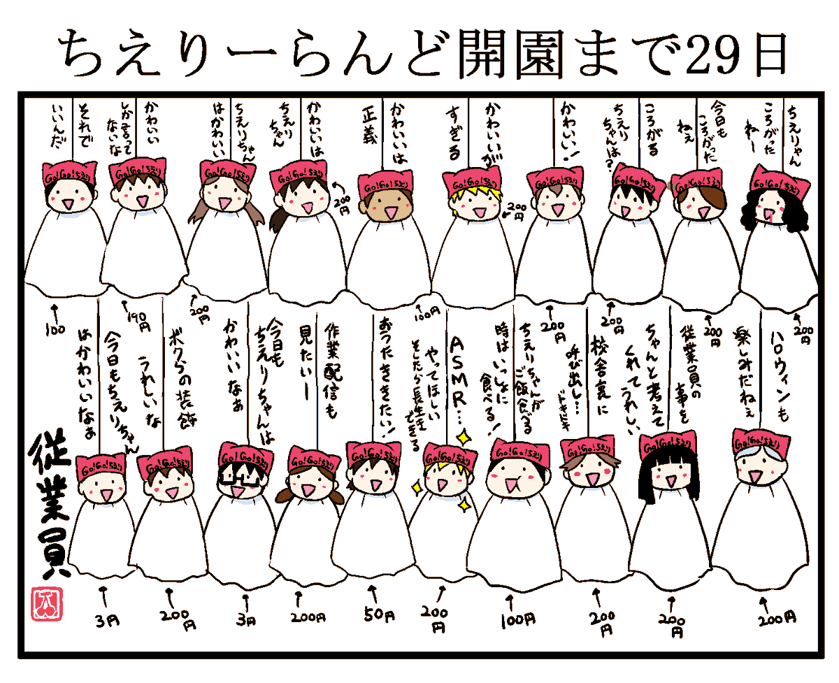 20人になった吊られる従業員さん。ゴミ箱並べの人員割いて大丈夫なのかと心配?わかるわかる。でも大丈夫。ちえりーらんとは常に人員が補充されてるそうですよ。

※一部メン限のネタがありますがぼかしたつもりですので、気になる方はメンバーシップよろしくお願いします!
#ちえりーらんど 