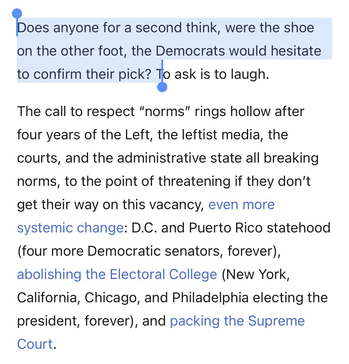 REASON 2: One-Way “Precedents.” “Does anyone for a second think, were the shoe on the other foot, the Democrats would hesitate to confirm their pick?”