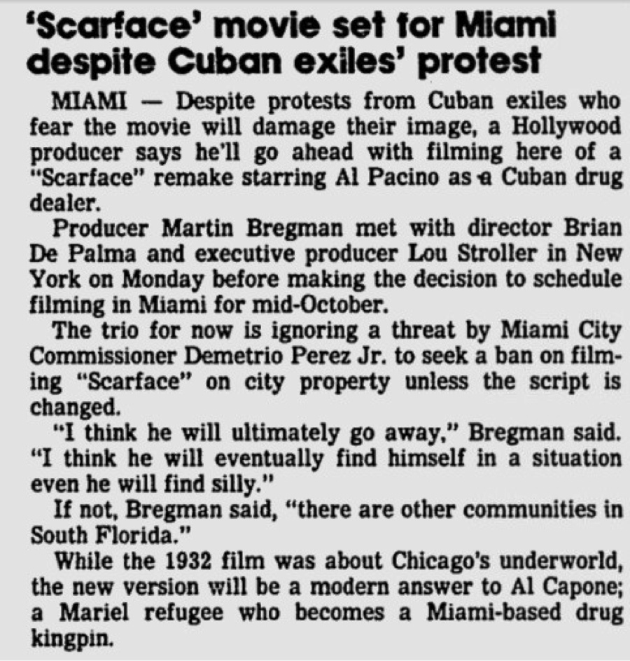 As city commissioner and self-appointed government censor, Perez Jr. wanted to ban SCARFACE from shooting in Miami unless Tony Montana was rewritten as "a Communist agent infiltrated into the United States by the Fidel Castro government"  #BecauseMiami  https://vice.com/en_us/article/wdpy7q/a-violent-stripper-a-crazy-naked-man-and-4000-pounds-of-cocaine