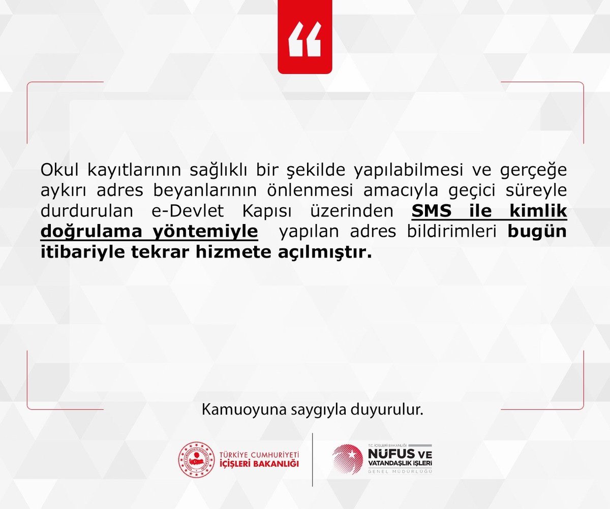 Adres Beyanlarınızı;  Adresinizin Adres Kayıt Sisteminde boş adres olarak görülmesi ve  20 iş günü içinde beyanda bulunma zorunluluğu kuralına da uygun olarak  E-Devlet üzerinden şifreniz ve sms doğrulaması ile yapabilirsiniz. #HayatınızHerAnında 
<a href="/sefikaygol/">Şefik AYGÖL</a>
<a href="/TCNufus/">Nüfus ve Vatandaşlık İşleri Genel Müdürlüğü</a>