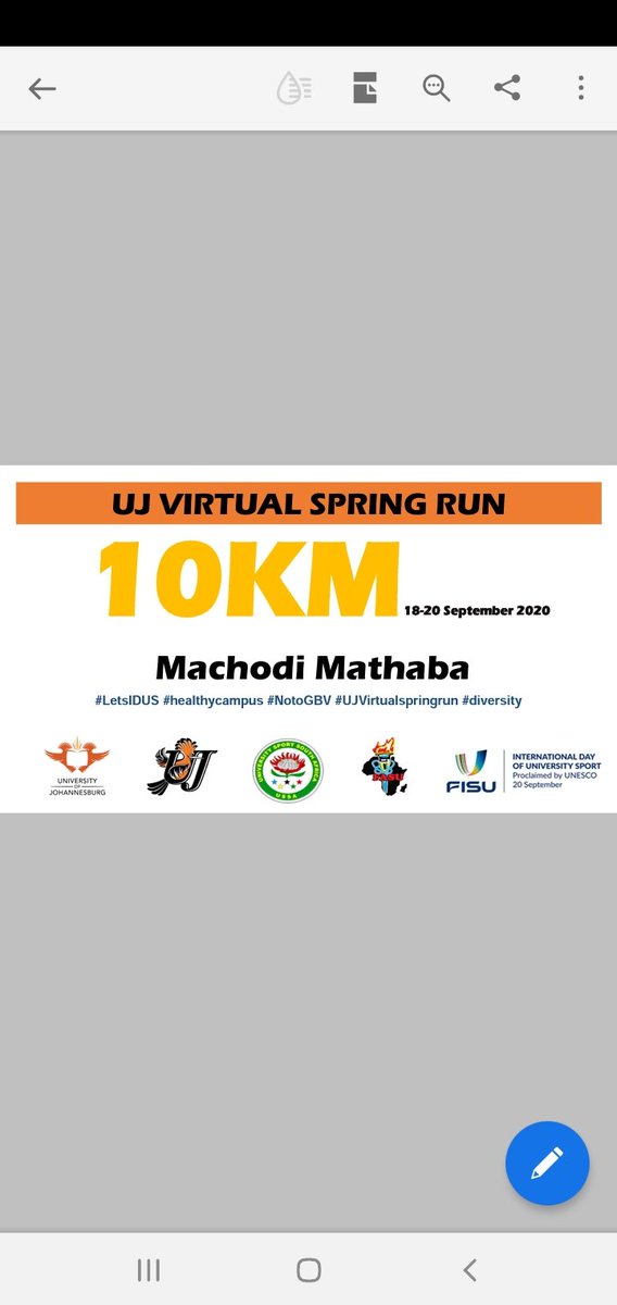 machodi's tweet photo. UJ Virtual spring run done and dusted #healthycampus #LetsIDUS #NotoGBV #UJVirtualspringrun #diversity https://t.co/Zazr2Om9id