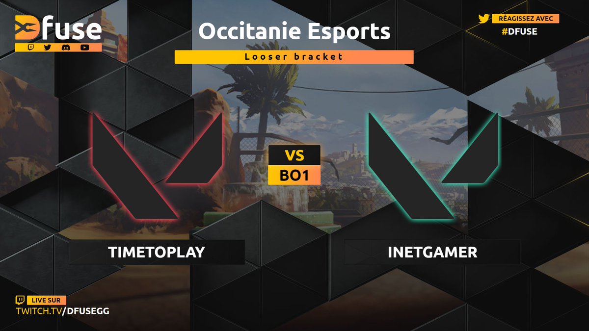 L'<a href="/OccitanieEsport/">Occitanie Esports Montpellier #OES2022</a> continue avec un deuxième BO1 entre deux équipes qui se sont déjà affrontées en Winner Bracket.

<a href="/TimetoPlayVALO/">TimetoPlay</a> vs <a href="/InetgamerGG/">Inetgamer</a> 

📺 twitch.tv/dfusegg
🎙️ <a href="/Kiiper0ne/">Kiiper0ne ~ Corentin</a> &amp; <a href="/Visso_IceUP/">Visso</a>