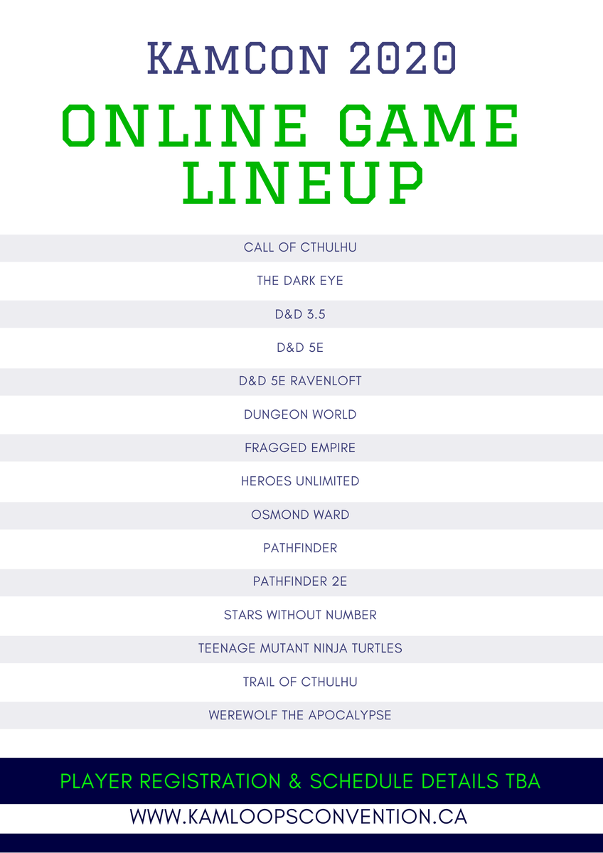 KamCon22's tweet photo. Looking for some games to play this October? Here's our online game lineup that promises to satisfy! 

Game schedule and registration details TBA.

#KamCon20 #Kamloops #RPG #tabletopgaming #tabletop https://t.co/TMTdVZVBo7