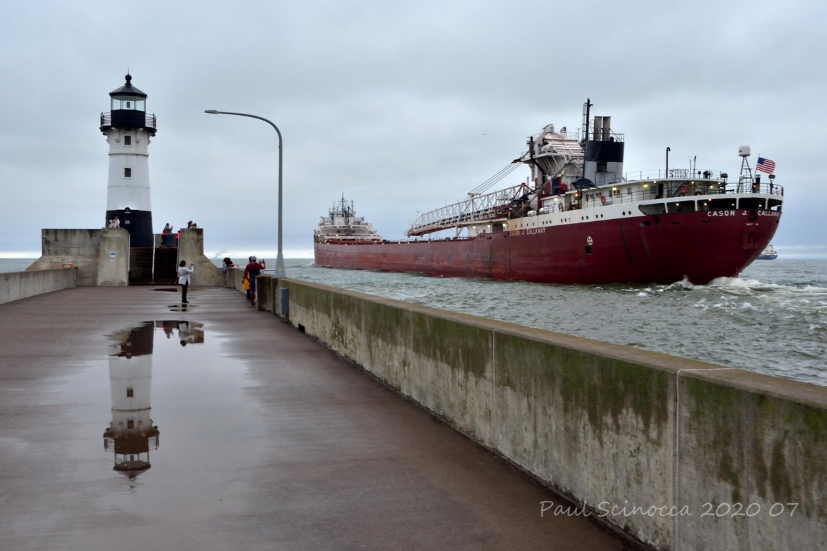 DuluthShips's tweet photo. July 21 was a wet day in Duluth, the Cason J Callaway shown departing light, heading to Two Harbors to load iron ore.
#shipSunday 
#shipsinpics https://t.co/crf38vmmmG