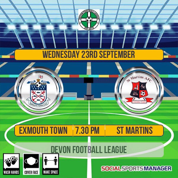 Martin (@cook209martin) on Twitter photo Next up for <a href="/Exmouth2nds/">Exmouth Town FC 2nds</a> v <a href="/St_Martins_AFC/">St Martins AFC</a> @DFLeague2019 ko 7.30 gates and bar open at 6.15 . Full TT and social distancing in place. <a href="/ExmouthTown_FC/">Exmouth Town FC</a> @ExmouthTownU18s <a href="/town_teams/">Exmouth Town Youth Teams</a> @Fc3rds <a href="/devon_show/">The Devon Football Show</a> <a href="/swsportsnews/">South West Sports News</a> Next up for <a href="/Exmouth2nds/">Exmouth Town FC 2nds</a> v <a href="/St_Martins_AFC/">St Martins AFC</a> @DFLeague2019 ko 7.30 gates and bar open at 6.15 . Full TT and social distancing in place. <a href="/ExmouthTown_FC/">Exmouth Town FC</a> @ExmouthTownU18s <a href="/town_teams/">Exmouth Town Youth Teams</a> @Fc3rds <a href="/devon_show/">The Devon Football Show</a> <a href="/swsportsnews/">South West Sports News</a>