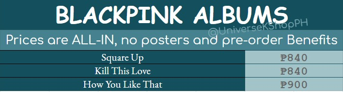 UniverseKShopPH's tweet photo. #UniversePHGO | Blackpink assorted Albums PH GO
[Help RT]

🗓 DOO/DOP: October 28, 2020
📊 Counted on CHARTS
📌 Sealed, Official &amp; With Complete Inclusions
📎With Shop Freebies!

Order Form: https://t.co/FSV9iBx2tM https://t.co/t7lHND3Mfk