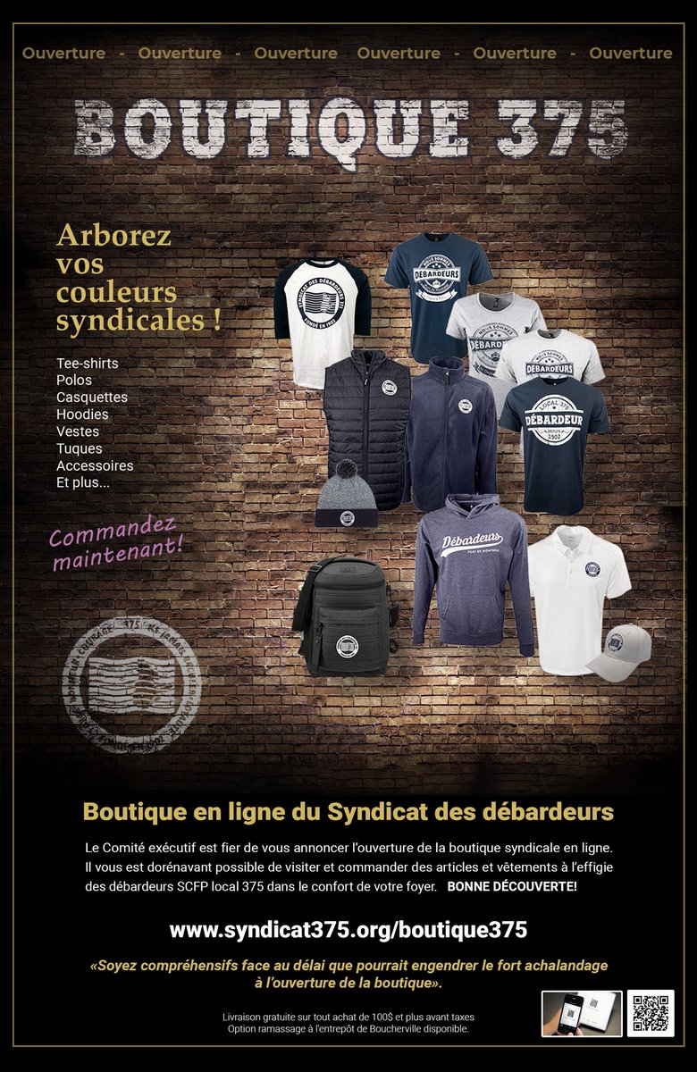 SyndicatMTL375's tweet photo. Nous sommes heureux de vous présenter notre toute nouvelle boutique en ligne. Il vous est dorénavant possible de commander des articles et vêtements à l’effigie des débardeurs SCFP local 375 dans le confort de votre domicile.
Bon magasinage!
https://t.co/YBUcZgKEit 
#boutique375 https://t.co/M4qJqEPQtQ