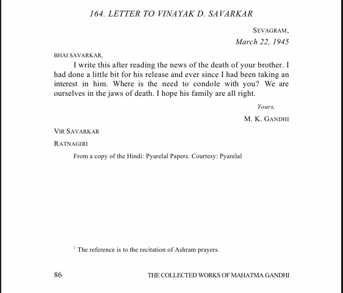 On 22nd March 1945,  #MahatmaGandhi wrote a letter to  #VeerSavarkar, offering condolences on the death of the latter’s elder brother, Ganesh Savarkar. In this letter,  #Gandhi referred to him as ‘bhai’. (8/21)