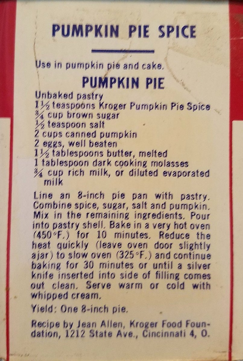 Pumpkin Pie recipe (pumpkin pie spice, Kroger, 25¢, courtesy of  @JessicaGnome)