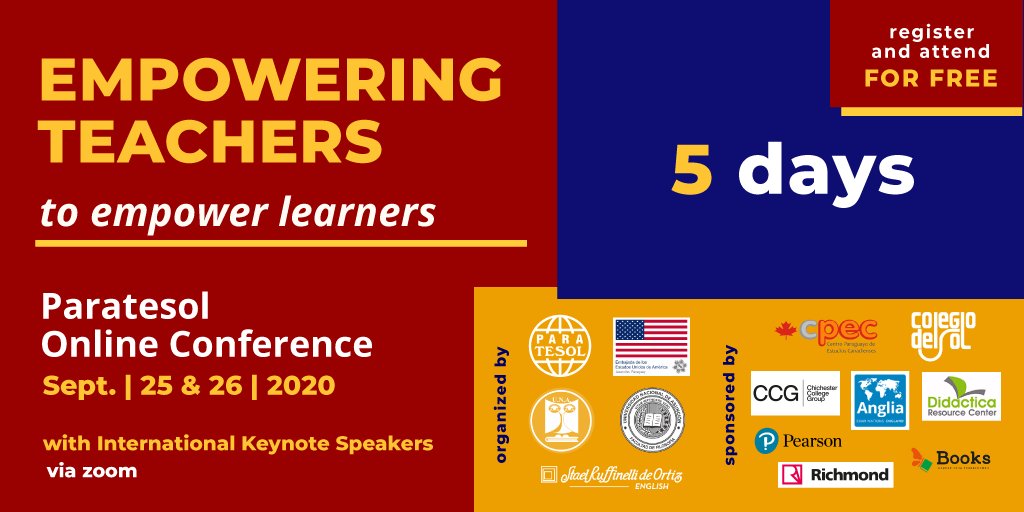 paratesol's tweet photo. 5️⃣ days until the International Online Conference EMPOWERING TEACHERS TO EMPOWER LEARNERS take place! ‼️ Join this once in a lifetime experience, in which teachers from different parts of the world will be presenting #PARATESOL2020 #ParatesolConference #ETTEL #TESOL https://t.co/C13bGnFD7P
