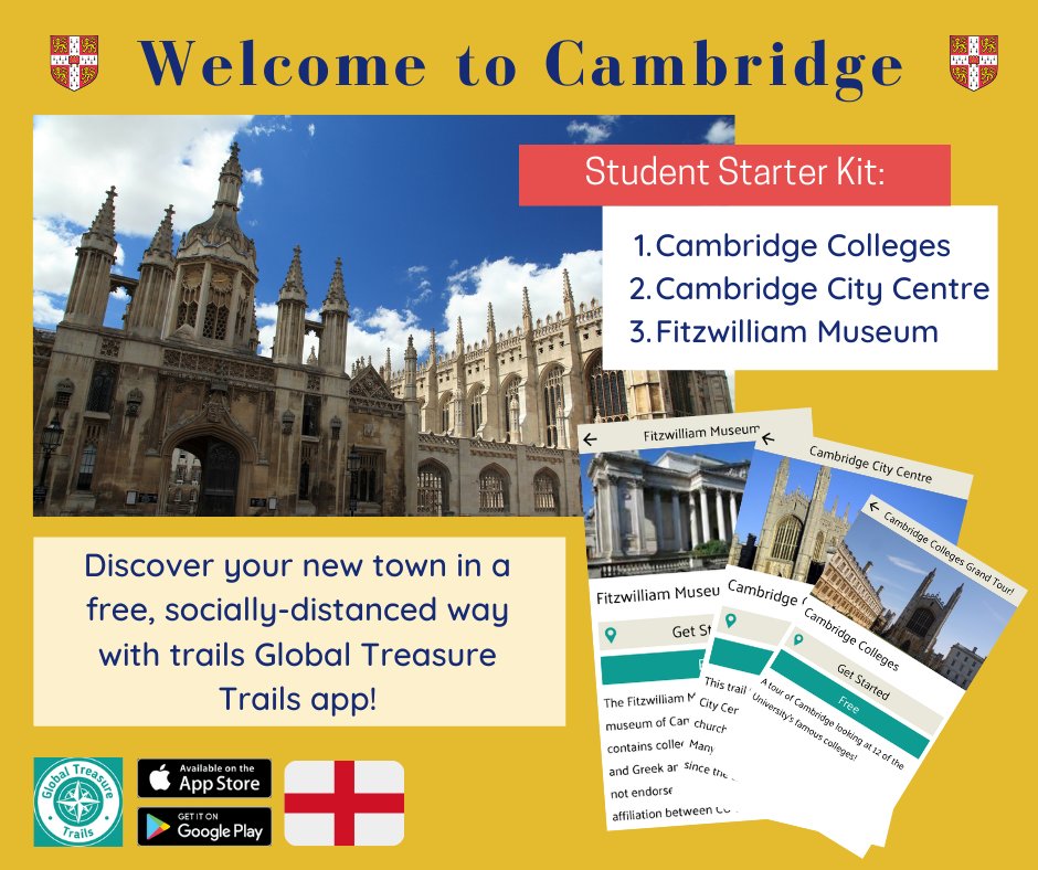 📍 Cambridge University, UK 🇬🇧

🎉 Attention University of Cambridge students! Do you want to explore your new student home in a safe, socially-distanced, and (most importantly), free way? Look no further! 

Download the Global Treasure Trails app and follow our trails!