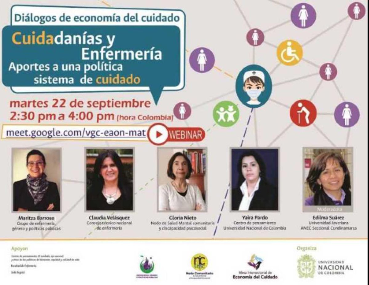 Tenemos una nueva cita para hablar del sistema de cuidado, esta vez desde la perspectiva de la enfermería. 

📆 Martes 22 de septiembre
⏰ 2:30 p.m
💻meet.google.com/vgc-eaon-mat

#HablemosDeCuidado #CuidemosAQuienesNosCuidan