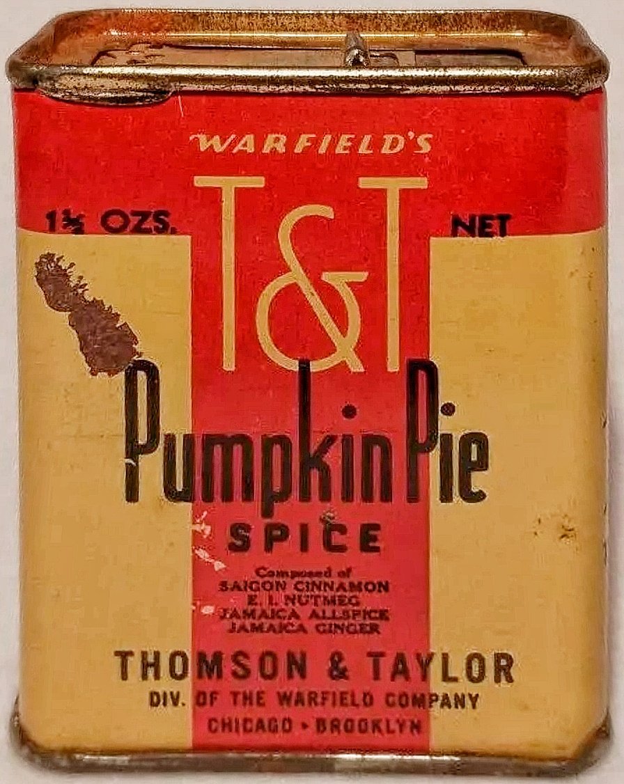 Pumpkin pie recipe and pumpkin pie spice tips (Thomson & Taylor / The Warfield Company, probably pre-1960)