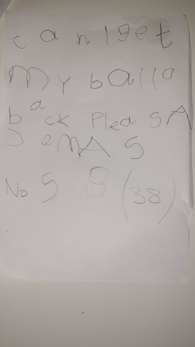 AllanBuchanan8's tweet photo. James put his favourite ball into a neighbours garden, so he wrote a note using the letters hes learned so far @Kininmps  to ask for it back...i filled in the rest, although you probably can't tell the difference in handwriting... https://t.co/97N0TxfVNN