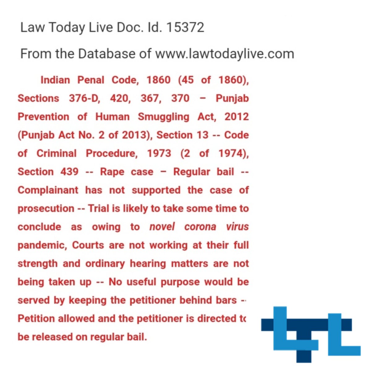 LawTodayLive1's tweet photo. LawTodayLive 

Website: https://t.co/PMWTQbfP7r

#lawtodaylive #mastersearch #lawyers #supremecourt #highcourt #punjab #haryana #chandigarh #case #court #criminal #civil #rent #statute #law #rule #act #bareacts #localactreporter #localactsreporter #acts #justice #judge #judgment https://t.co/HlkFj28Fwf