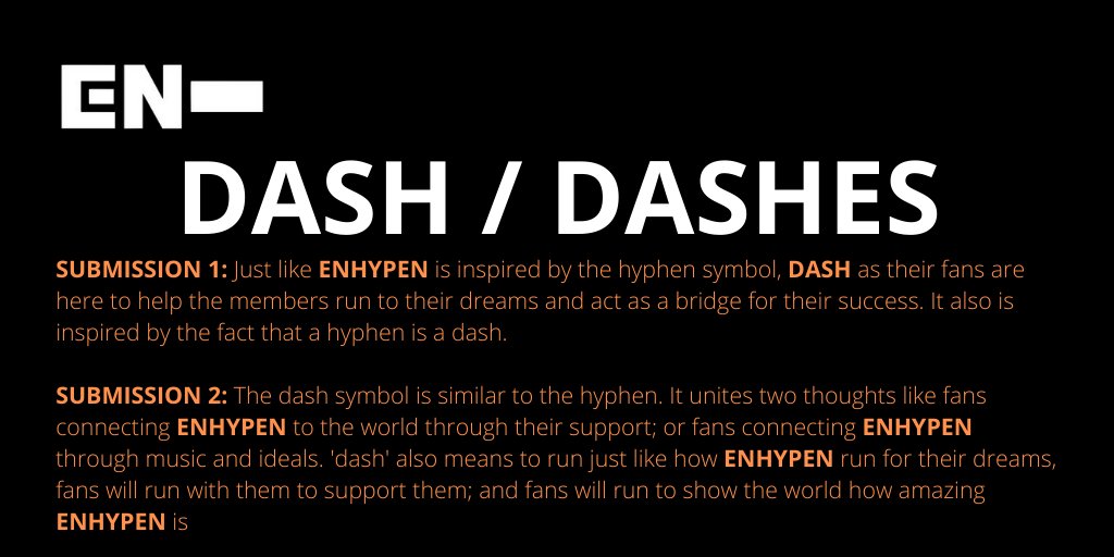 [ #ENHYPEN FAN CLUB NAME SUBMISSIONS THREAD]Here are 4 of the names you guys submitted to our tracker!COE (Constellation of Encounters)CONNEXDASH/DASHESDASHI / 다시 @ENHYPEN @ENHYPEN_members #ENHYPEN_FandomName