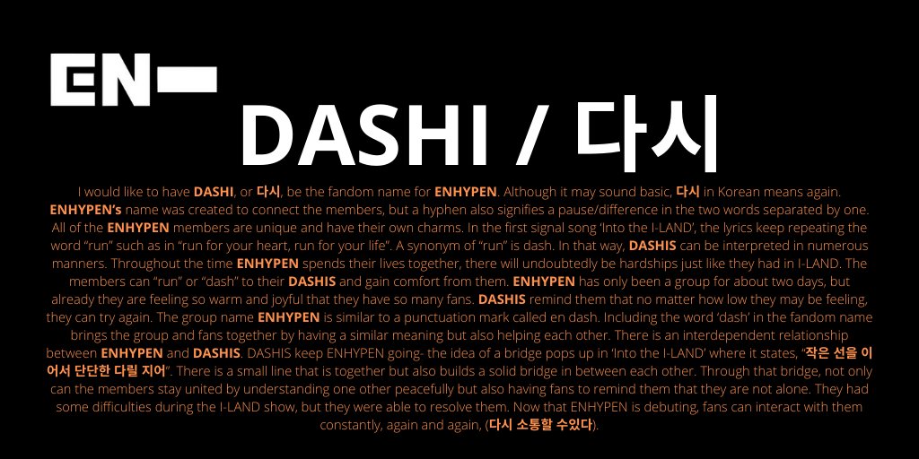 [  #ENHYPEN FAN CLUB NAME SUBMISSIONS THREAD]Here are 4 of the names you guys submitted to our tracker!COE (Constellation of Encounters)CONNEXDASH/DASHESDASHI / 다시 @ENHYPEN @ENHYPEN_members  #ENHYPEN_FandomName