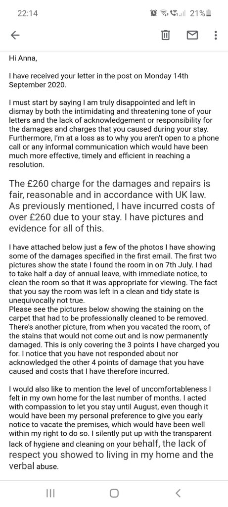 The email is actually even better. She claims she experienced “verbal abuse” which was actually my sister asking her to please consider if she actually wants a flat mate in the future after she had entered her room without permission