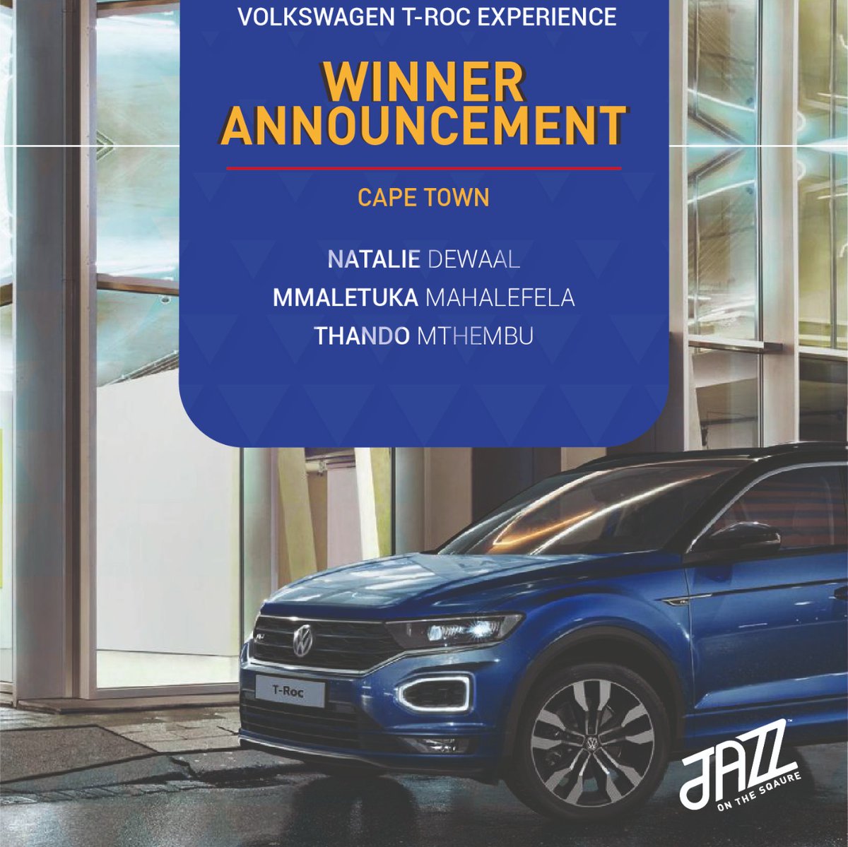 jazz_square's tweet photo. Congratulations to the Cape Town winners of the @VolkswagenSA Grand Prize in our T-Roc Experience Giveaway! 

Thank you to everyone who participated and helped make this contest a success! Stay tuned for more exciting news tomorrow! https://t.co/NH57Cm4Asf