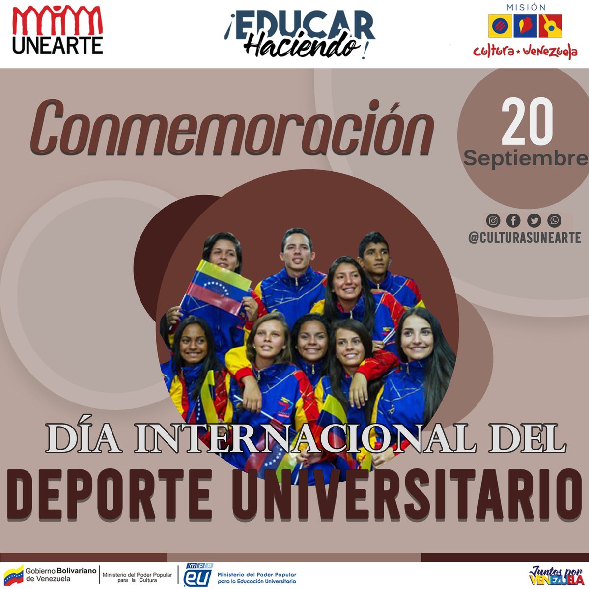 El Día Internacional del Deporte Universitario se celebra el 20 de septiembre desde 2016, tal y como fue oficialmente proclamado por la UNESCO. #UNEARTE #DIRECCIONDECULTURA #QuedateEnCasa