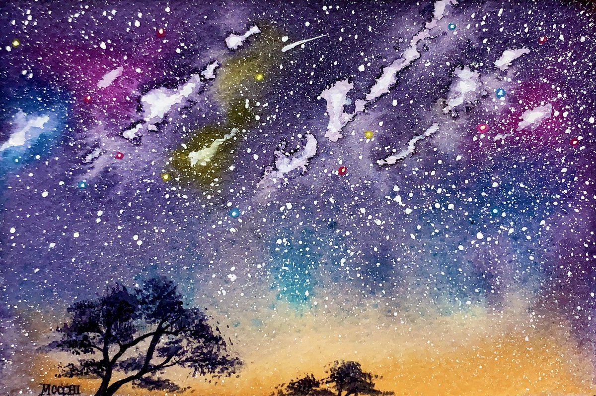Mocchi カラフルアーティスト 夜空 水彩メイキング 音量注意 韓国製水彩絵具 ミジェロ を使用 Mijello Japan 特徴 兎にも角にもカラーインク並の鮮やかな色彩 耐光性に優れている 作品が長持ちする 無添加なのでお子様やペットがいる