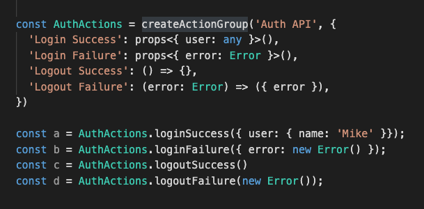 It's blowing my mind what kinds of APIs you can strongly type in TypeScript 4.1 Here's a concept for a "createActionGroup" helper that reduces action boilerplate even further, all fully typed.

Working code is here: bit.ly/2Hb6r2s