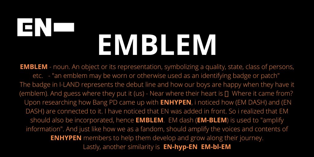 [ #ENHYPEN FAN CLUB NAME SUBMISSIONS THREAD]Here are 4 of the names you guys submitted to our tracker!EMBLEMEMSYNCEN-CYGNETSEN-FINITY @ENHYPEN @ENHYPEN_members #엔하이픈 #ENHYPEN_FandomName