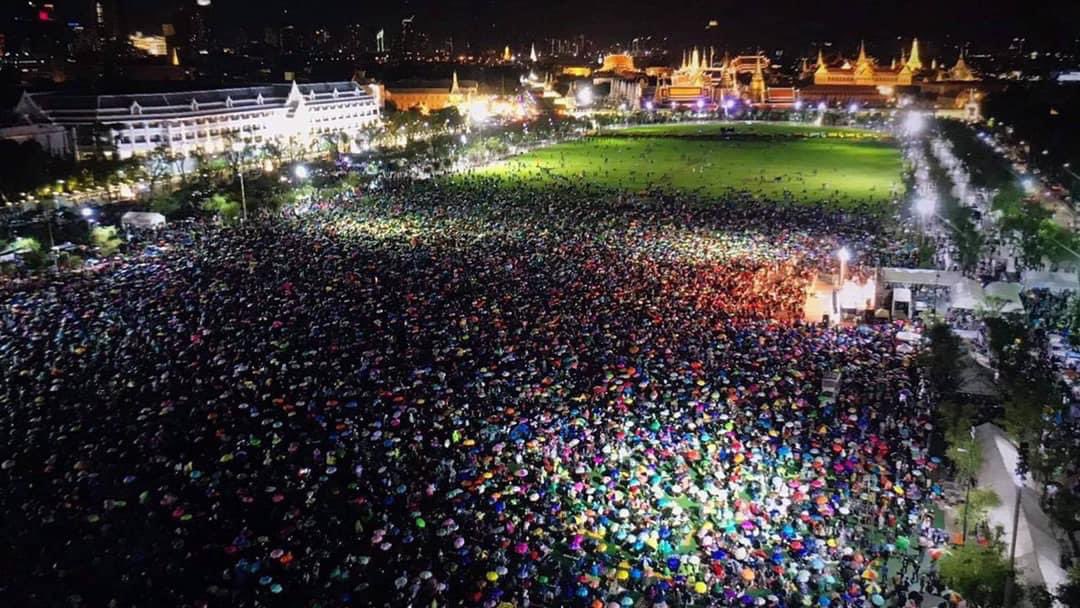 Protesters who gathered at Thammasat University later occupied the royal cremation ground at Sanam Luang, right beside the Grand Palace, renaming it "Sanam Ratsadorn" — "the people's field". This was a symbolic, but direct, challenge to King Vajiralongkorn and his allies. 4/33