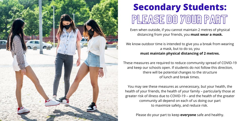 Students are encouraged to be as safe as possible while enjoying their free time with friends. Talk with your teen about following public health guidelines, even when outside: #weareinthistogether
