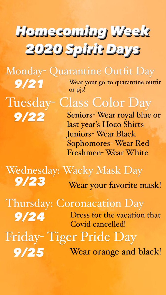 Here are this week’s spirit days! Participate and show your school spirit!!🐯
