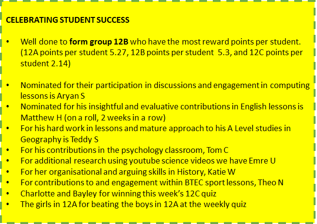 Ongar6thform's tweet photo. Sneak peak at a section from this week's 6th Form Bulletin. #celebratesuccess #rewardingperformance #thingsaregoingwell #nevertooldtobepraised @TheOngarAcademy https://t.co/pVJtk1Fxtv