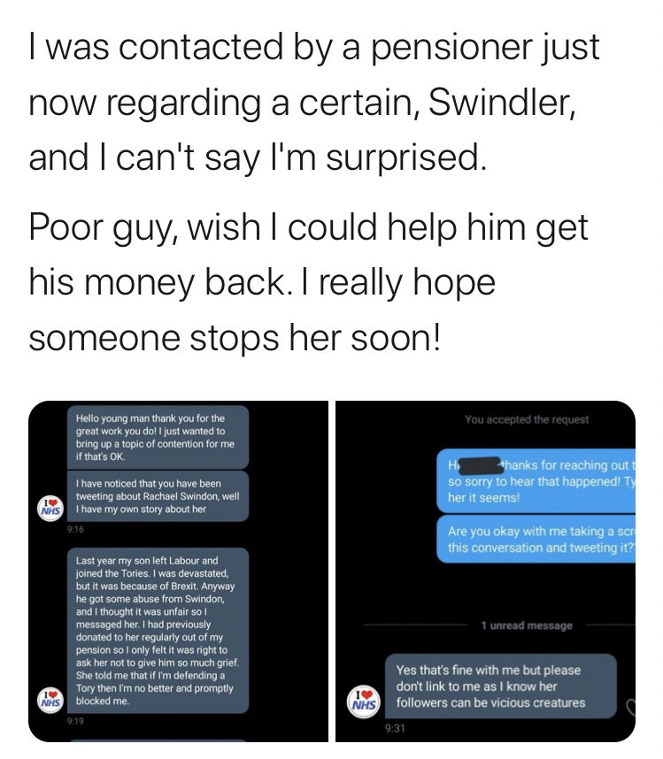 Her gang even tried bullying, literally manipulating a widowed pensioner into saying he had been scammed. This is a message I got from the same kind man just recently. Another *lie* busted. Have they no shame 5/12