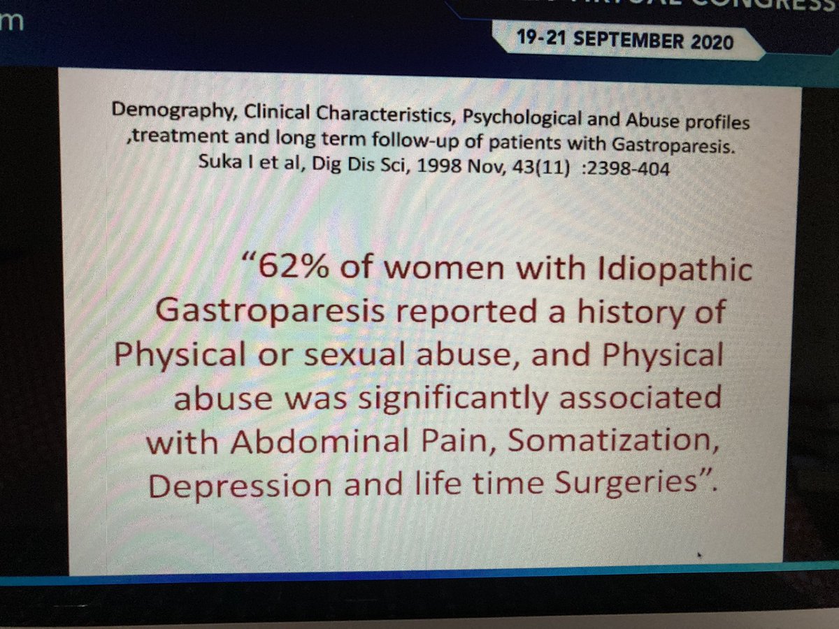 Trauma can be related to functional bowel disorders. 62% Incidence of sexual abuse in women with gastroparesis. If clinicians ignore psychological aspect then treatment likely to fail. <a href="/ESPENorg/">ESPEN</a> #ESPEN2020