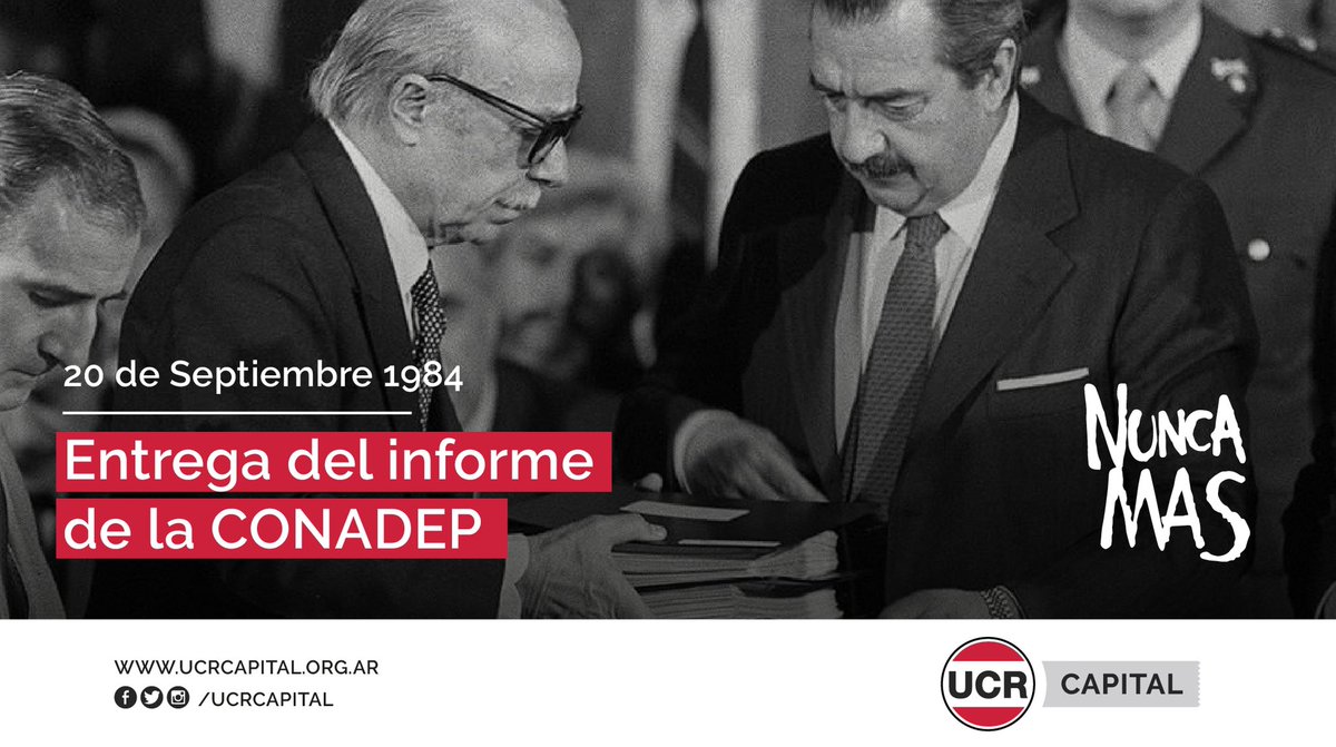 UCRCapital's tweet photo. CAMINO HACIA LA VERDAD Y JUSTICIA 
Pasaron 36 años de aquel 20 de septiembre de 1984, Raúl Alfonsín recibía en la Casa de Gobierno, de manos del escritor Ernesto Sábato el informe final de la CONADEP.
El informe se titulaba NUNCA MÁS.
#NuncaMas 
#CONADEP 
#MemoriaVerdadyJusticia https://t.co/81vxxBlN95