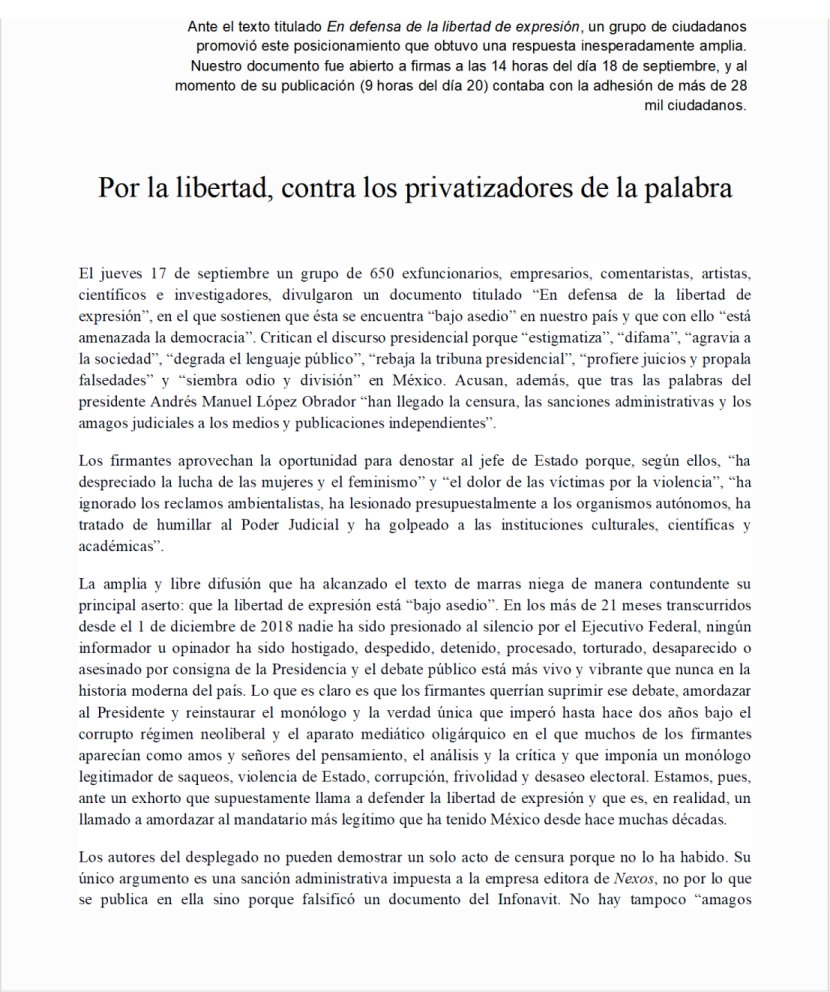 fisgonmonero's tweet photo. Ante el desplegado de los 650, un grupo ciudadano escribió esta respuesta que fue firmada (en unas horas) por más de 28 mil personas (y siguen llegando firmas).
Léanla, discútanla y, si quieren, fírmenla en:
https://t.co/tuBNxqxpO0 https://t.co/LN1g3MQWyH