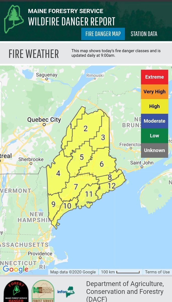 MaineRangers's tweet image. Based on guidance from the National Weather Service, we have updated today's wildfire danger. 

Low relative humidity and potential for gusty winds, along with continued drought, are the reasons for this update.