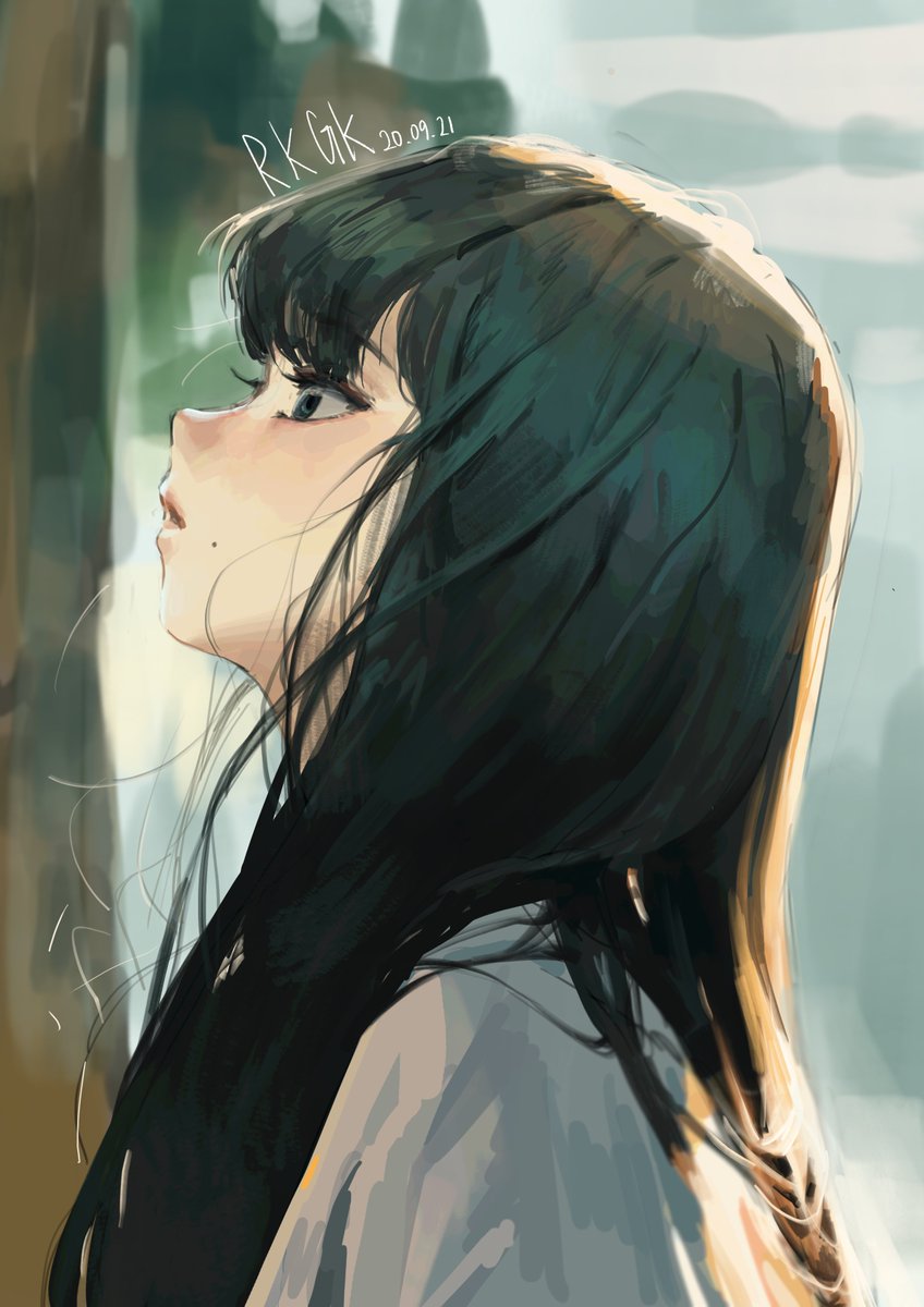 1girl black hair long hair solo mole under mouth mole from side  illustration images