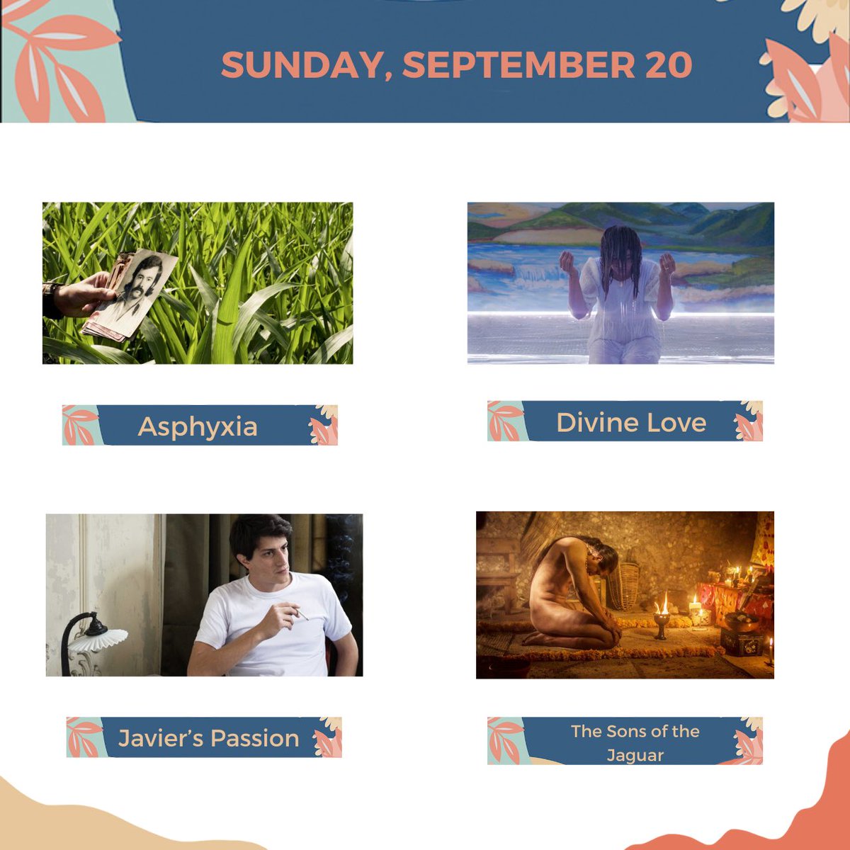 ChiLatinoFilm's tweet photo. We hope you are enjoying your weekend with tons of films from all over Latin America and Spain. Here are today’s four now available to stream online! Purchase your tickets at https://t.co/PU7gzpIROd
#filmedivinoamor
#lapásiondejavier
#asphixia
#LosHijosDelJaguar
#CLFF36 #Stream https://t.co/mEbNIZyuUb