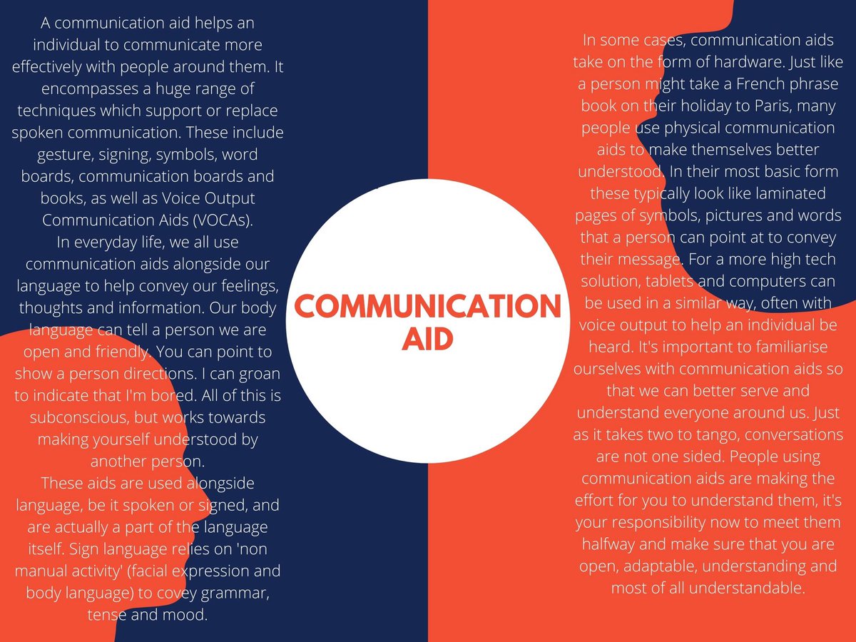 CU_IPESociety's tweet photo. A communication aid helps an individual to communicate more effectively with people around them. It encompasses a huge range of techniques which support or replace spoken communication. These include gesture, signing, symbols, word boards, communication boards, books, and VOCAs. https://t.co/XmHVKHRVBZ