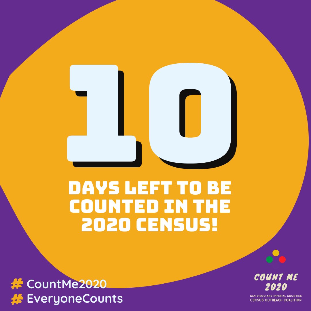 countme2020's tweet photo. 10 DAYS LEFT to be counted in the #2020census. Today, text your friends and neighbors to help them be counted in the census. Host a virtual hangout and catch up while you're at it! Be counted today: https://t.co/97jGiFBfu9 

#everyonecounts #countme2020 https://t.co/UXgiNlyKqR